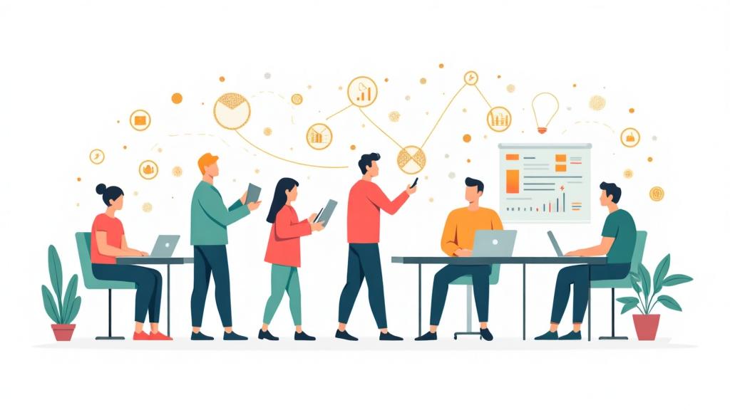 A calm, organized distributed team connected by a golden thread of aligned goals